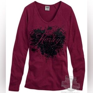 Harley-Davidson Embellished Rhinestone & Stud Accent  V-Neck Long Sleeve Top - M